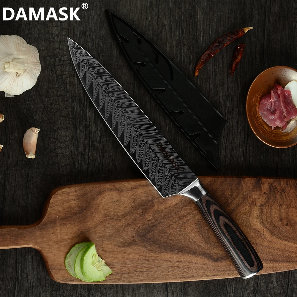 Набор кухонных ножей Damask 7Cr17 Mov кухонный нож из нержавеющей стали высококлассный нож с рисунком рыбьей кости с бесплатными подарочными ножны