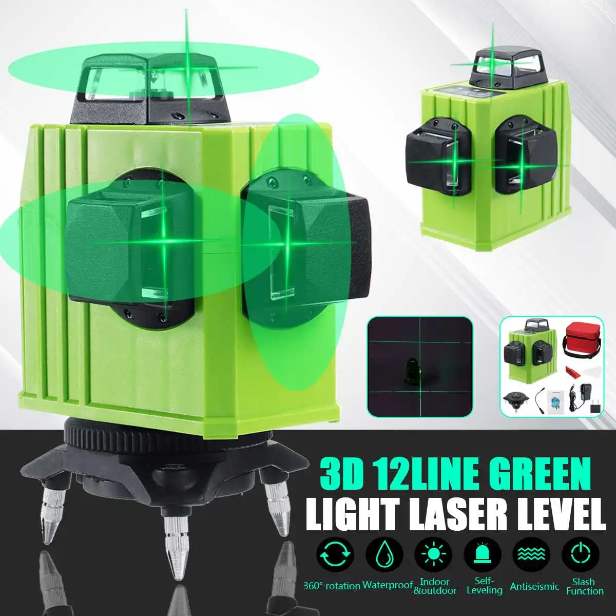 

12 Lines 3D Laser Level Green Laser Line Self-Leveling 360 Degree Horizontal & Vertical Cross Lines With Base