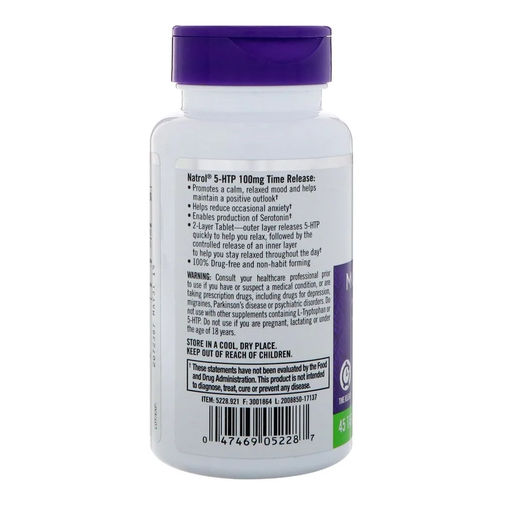

Natrol 5-HTP 100 Mg Promotes A Calm & Relaxed Mood Helps Reduce Occasional Anxiety 45 Tablets