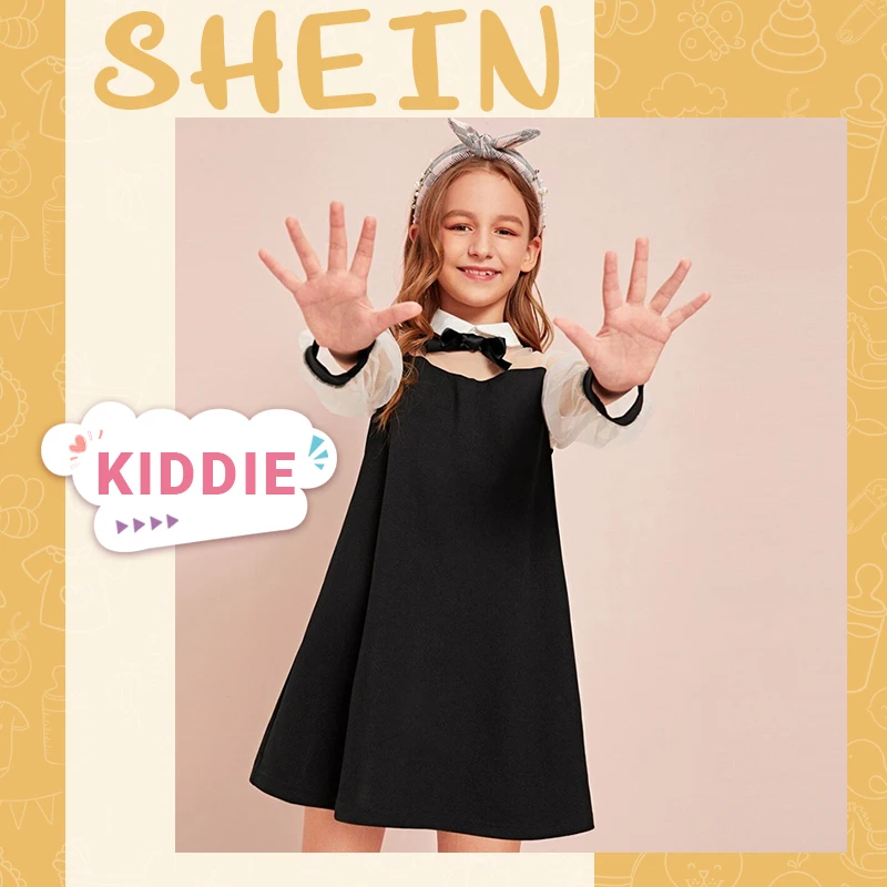 SHEIN Kiddie черный воротник бант спереди обувь для девочек консервативный дизайн платье осень контрастный сетчатый рукав пуговицы сзади линии Короткие милые платья