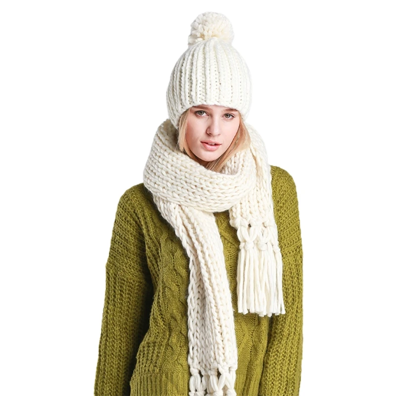 

Женская зимняя вязаная шапка с помпоном, комплект из 2 предметов, длинный шарф с кисточками, однотонная вязаная шапка-череп ручной работы, Ма...