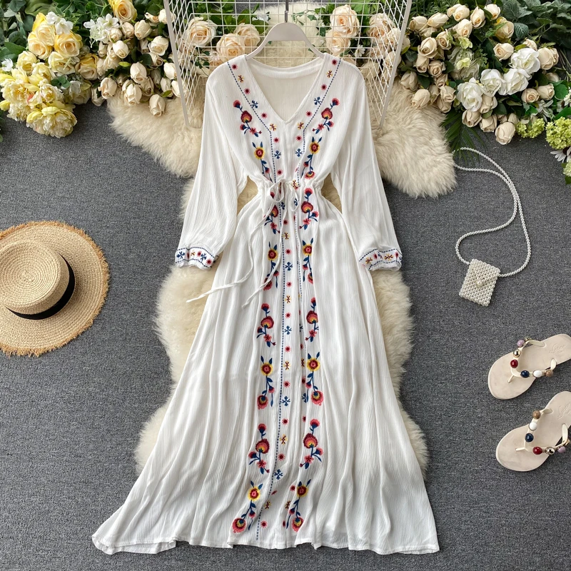 Богемное Женское Платье макси с цветочной вышивкой винтажное повседневное