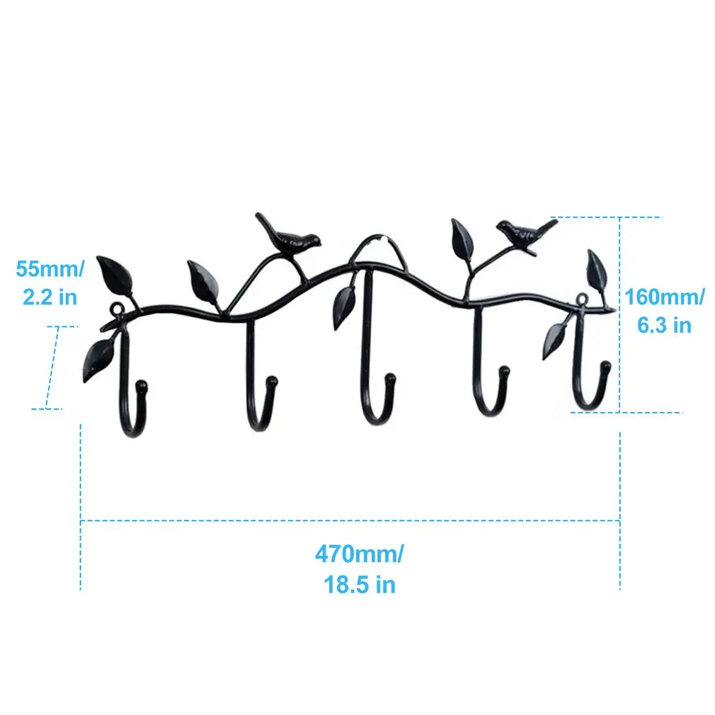 

Retro 5 Hook Wrought Iron Bird Hook Hook Bird Shape Leaf Wall Dress Robe Hook Key Coat Holder Cap Hanger
