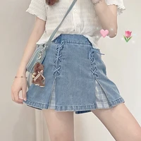 japanese kawaii mini denim skirt women patchwork korean fashion sweet split skirt shorts bandage casual plaid skirt summer 2021