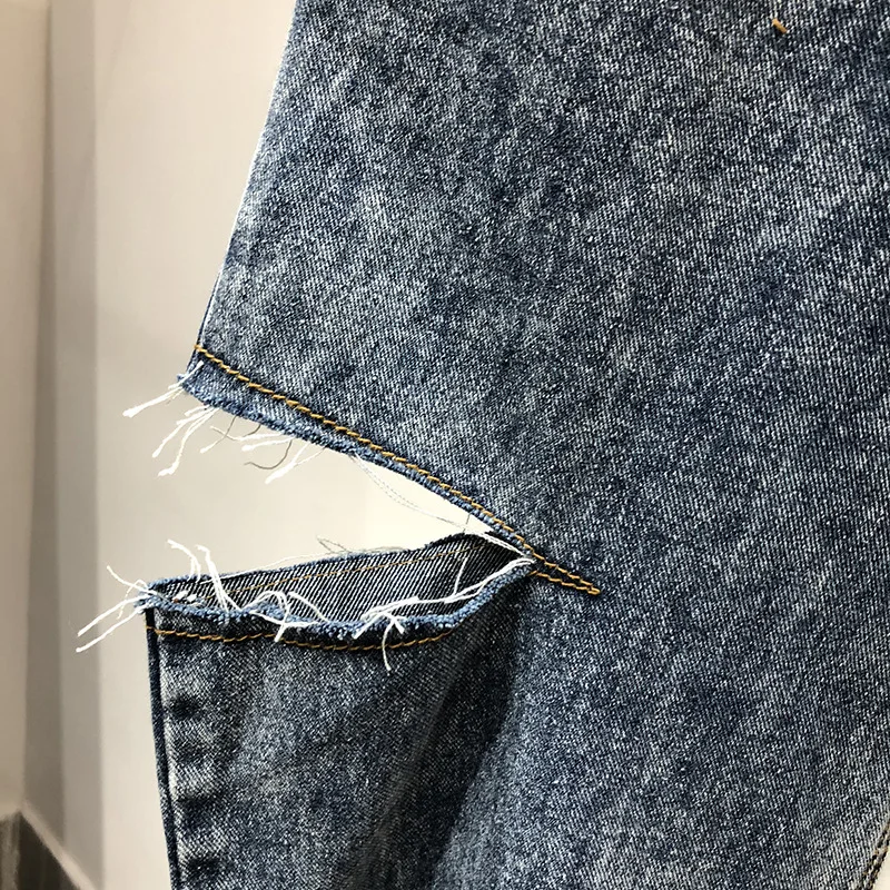 

Women Pant Side Knife Cutting Holes Jeans Pants Loose High Waist Show Thin Hip Hop Straight Pants Woman