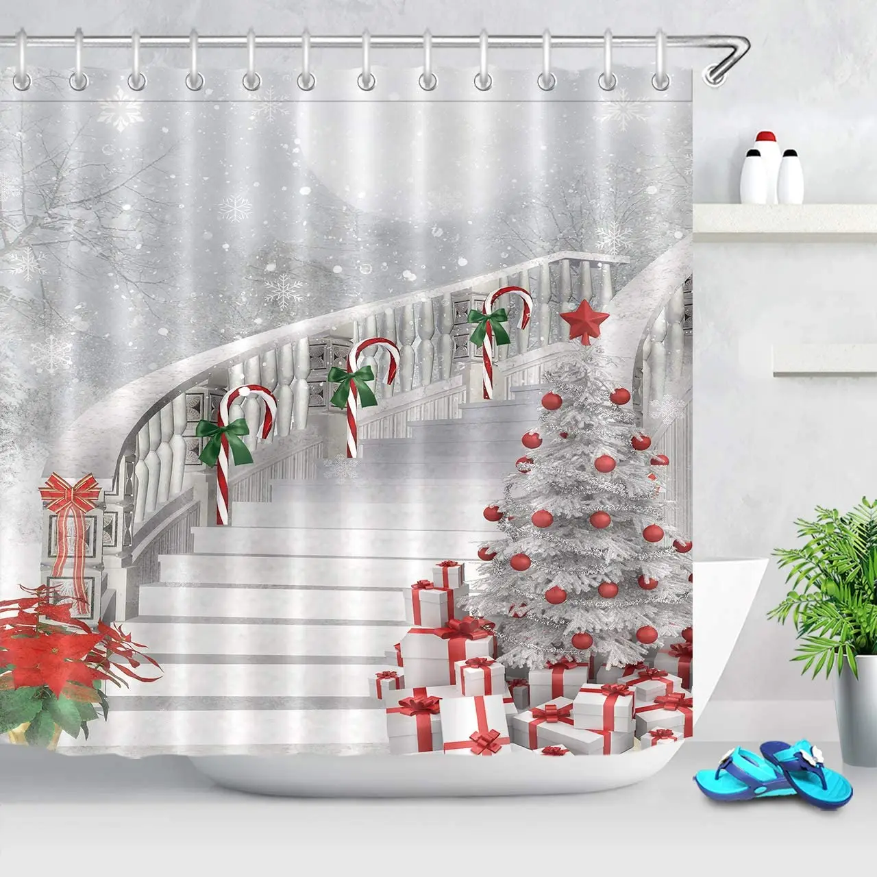

Рождественский сезон, новогодний декор, Подарочная занавеска для душа из полиэстера, белый ночной снег, конфеты, тростник, дерево, лестницы, наборы для ванной комнаты