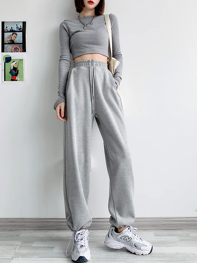 Gray Sports Pants Female Loose Tappered Autumn Winter Slimming and Straight Wide Leg Fleece-Lined Casual Sweatpants
