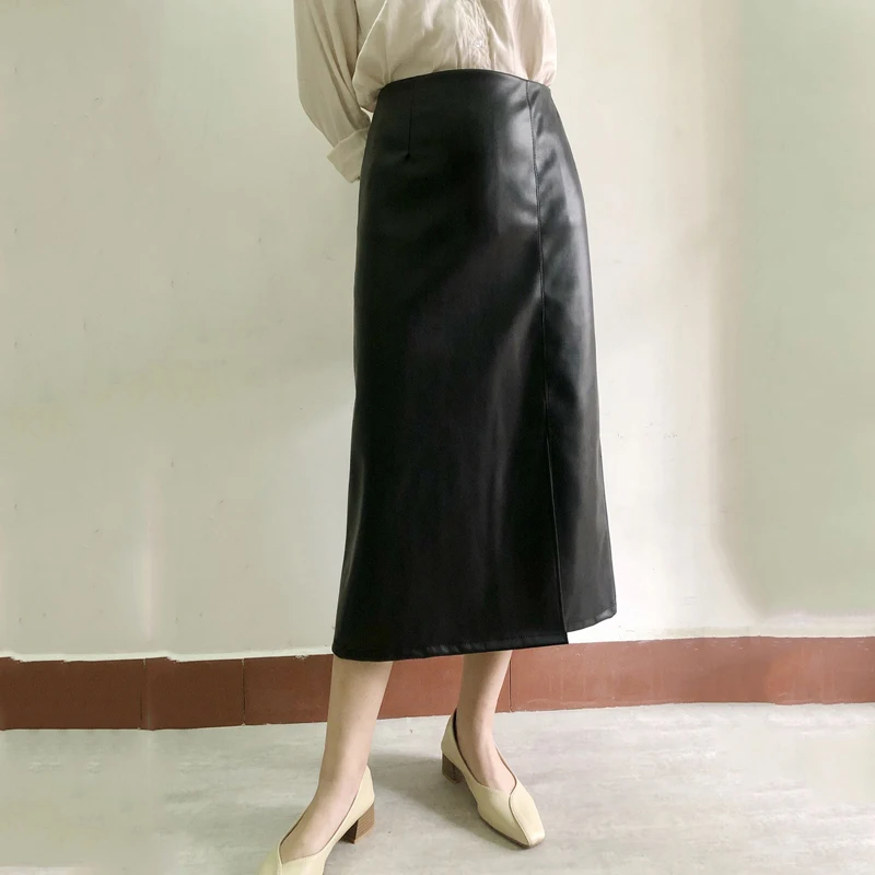 

Autumn winter Elegant PU leather skirt high waist fleece lady leather bag hip Pencil skirt women long straight one-step skirts