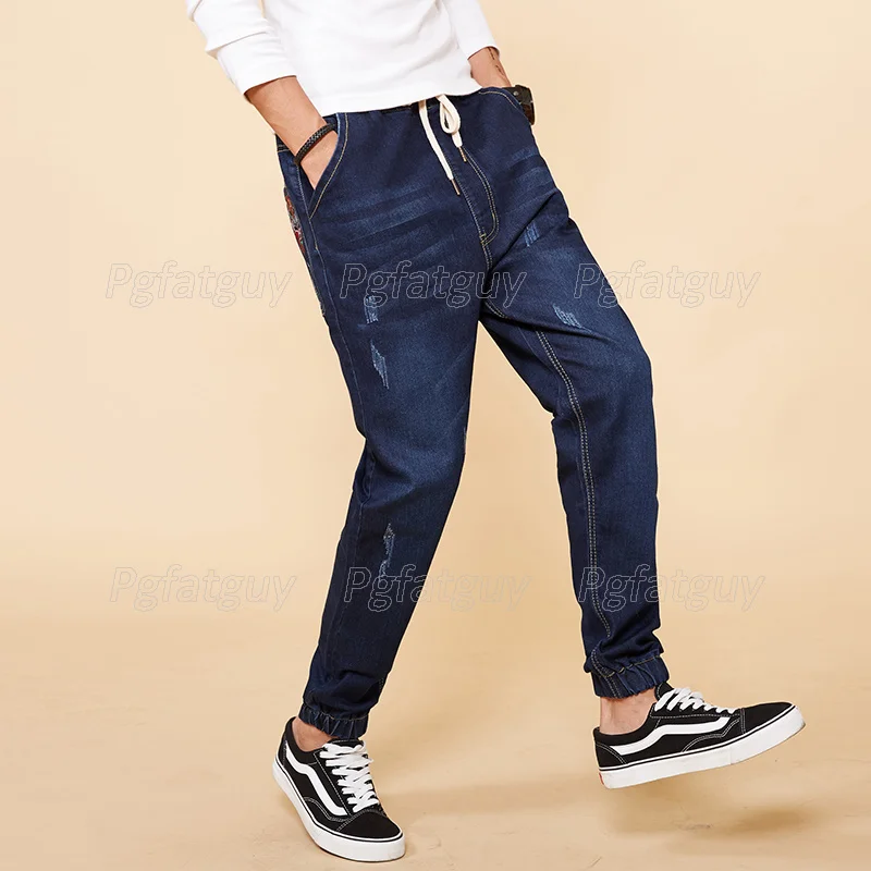 

7XL 8XL Stretch Men's Big Size Jeans Chinese Style Elastic Waist Harem Long Pants Casual Slim-fit Distressed Denim Trousers