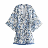 nice casual women v neck bow lace jacket new summer vogue ladies chinese style vintage coat female printed kimono