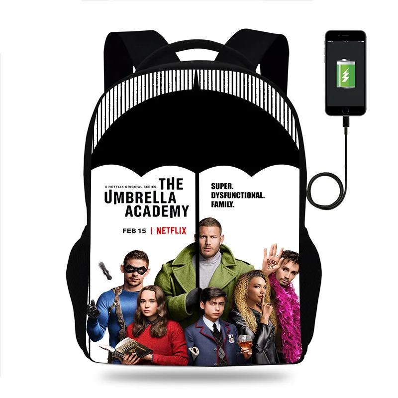 

New The Umbrella Academy Backpack Boys Girls School Bag Children Book Bags Men Women Rucksack Teens USB Travel Knapsack Mochila