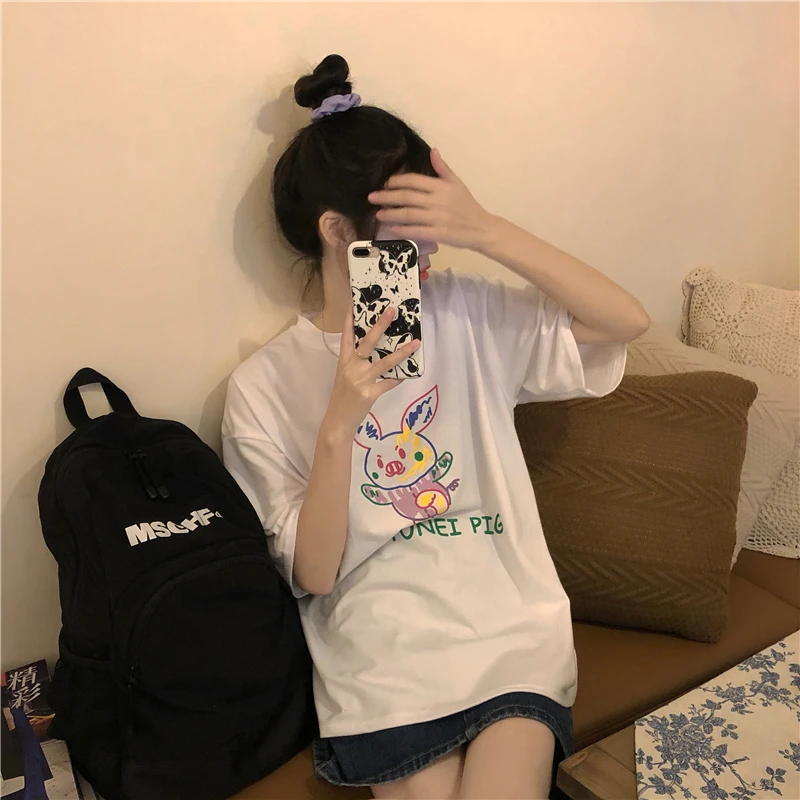 

XZ121 2021 new Korean style loose and fun graffiti print cute age-reducing short-sleeved T-shirt