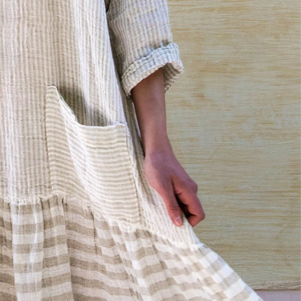 Женское винтажное платье-миди в полоску свободное платье с круглым вырезом и