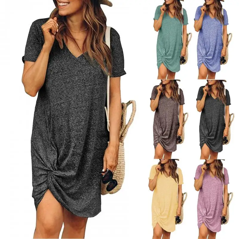 

2021 Summer Women's Dress Round Neck Short Sleeve Irregular Skirt Side Knotted Pure Color Dress