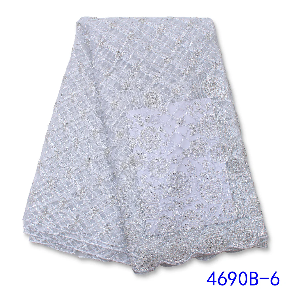 

Popular white wedding Lace Fabric 5Yards African Fabric with beads for lace embroidery bride lace party Dress Fabric 4690B