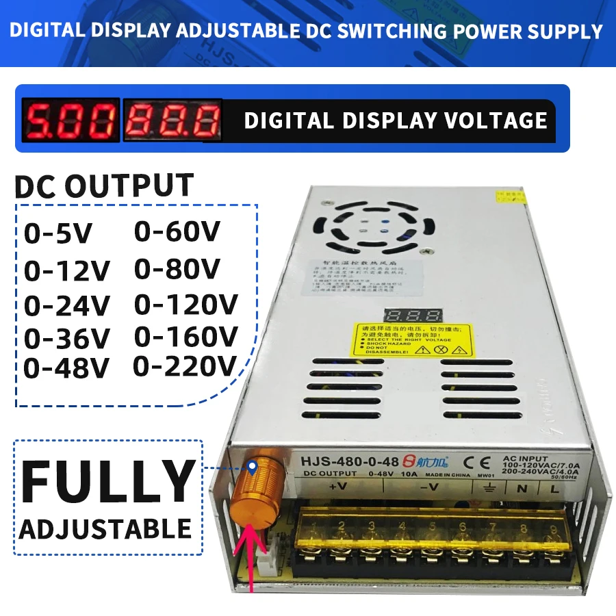 

480W Adjustable Switching power supply with Digital display power supply for LED DC 12V 5V 24V 36V 48V 60V 80V 120V 160v 220V