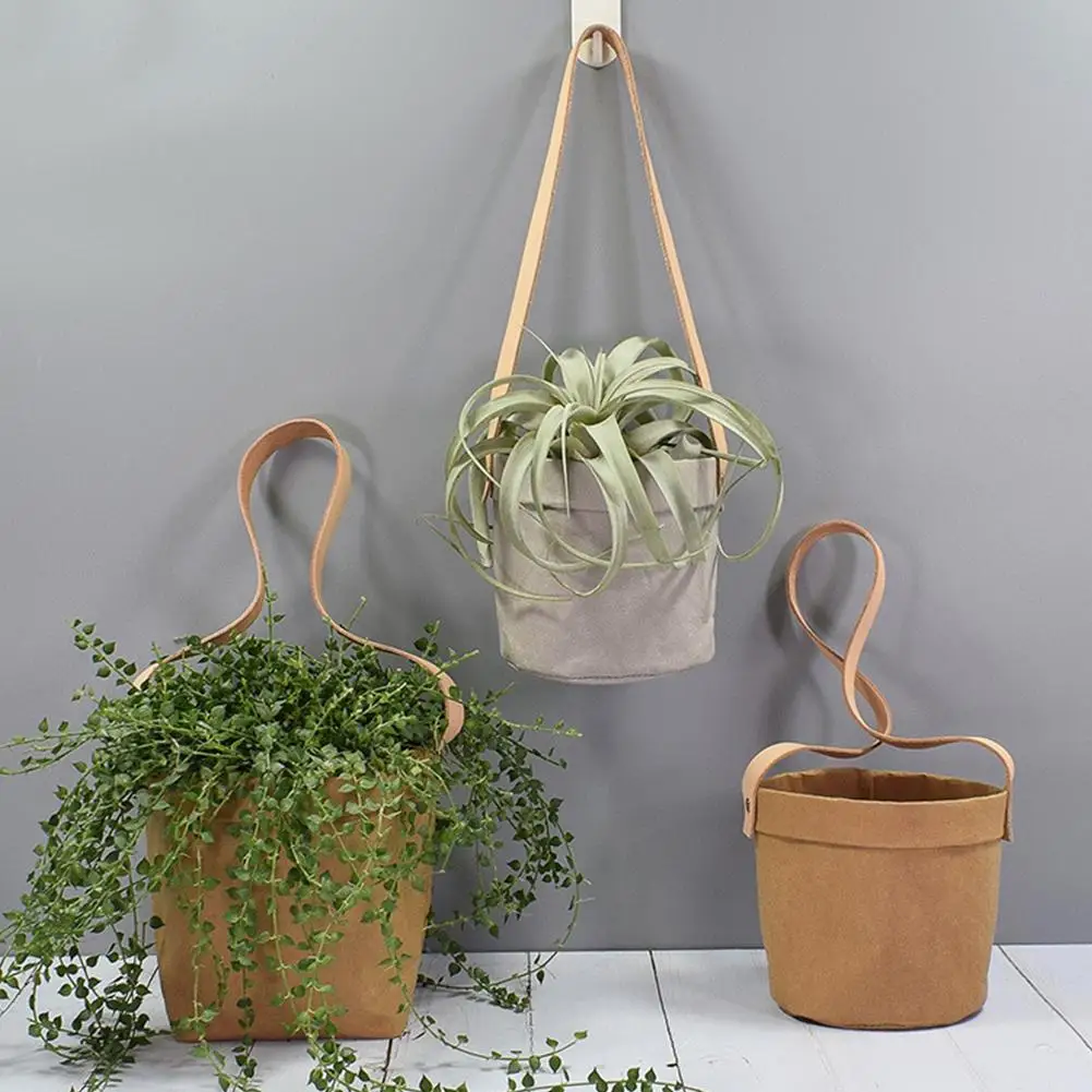 Инновационные подвесные цветочные горшки из крафт бумаги с кожаным ремешком для