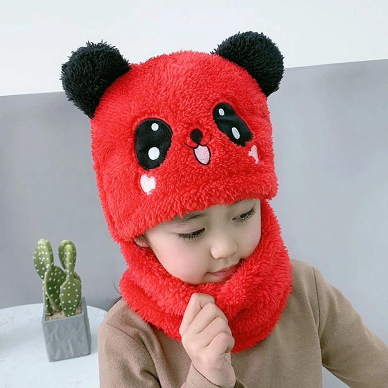 

Kids Baby Winter Warm Faux Fleece Balaclava Hat Cartoon Panda Bear Ears Thicken Plush Full Cover Earflap Hood Cap Scarf