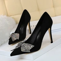 european and american fashion sexy nightclub was thin stiletto high heeled suede shallow mouth pointed rhinestone bow