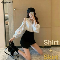women sets long puff sleeve shirt and mini skirt sexy ruffles females leisure off shoulder asymmetric a line chic trendy office