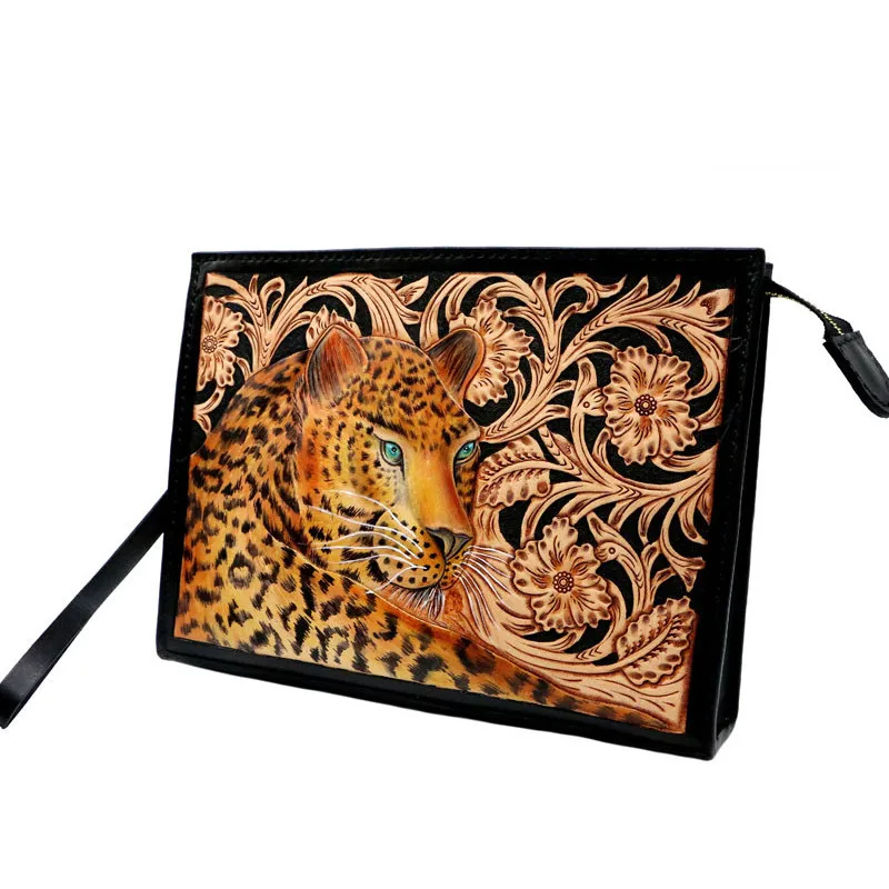 

Handmade Women Men Vegetable Tanned Leather Designer Bag Leopard Money Holder Clutch Purse Clutches Envelope Sacoche Homme