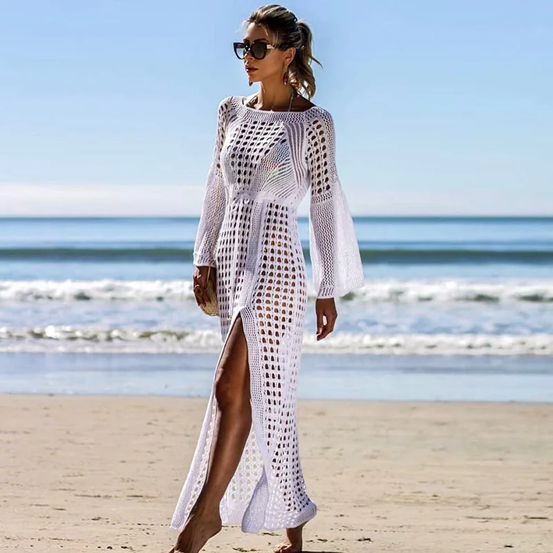 

2021 Knitted Beach Dress Beach Cover up Crochet Tunic Beach Pareo Beach Praia Cover Salida de Playa Beachwear Cover up