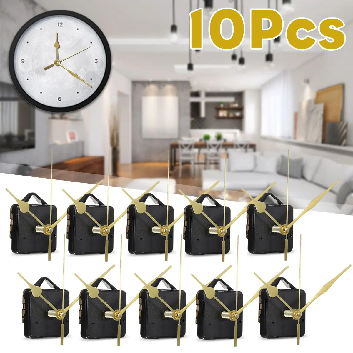 

10PCS High Quality New Gold Hands Quartz Black Wall Clock Movement Mechanism Repair Parts Silent Furniture Bolt 70x55x16mm