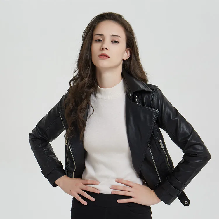 2019 New Autumn Biker Leather Jacket Women Black Turn Down Collar Zippers Short Female Faux Leather Jackets Coats High Quality