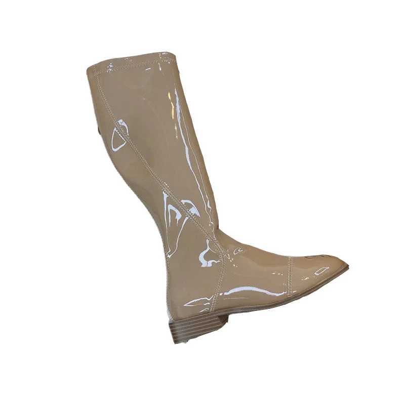 

New Women' Long Modern Boots Spring and Autumn Winter 2021 Paint Cylinder Shoes Thick Heel Zipper Boots Female Patent PU
