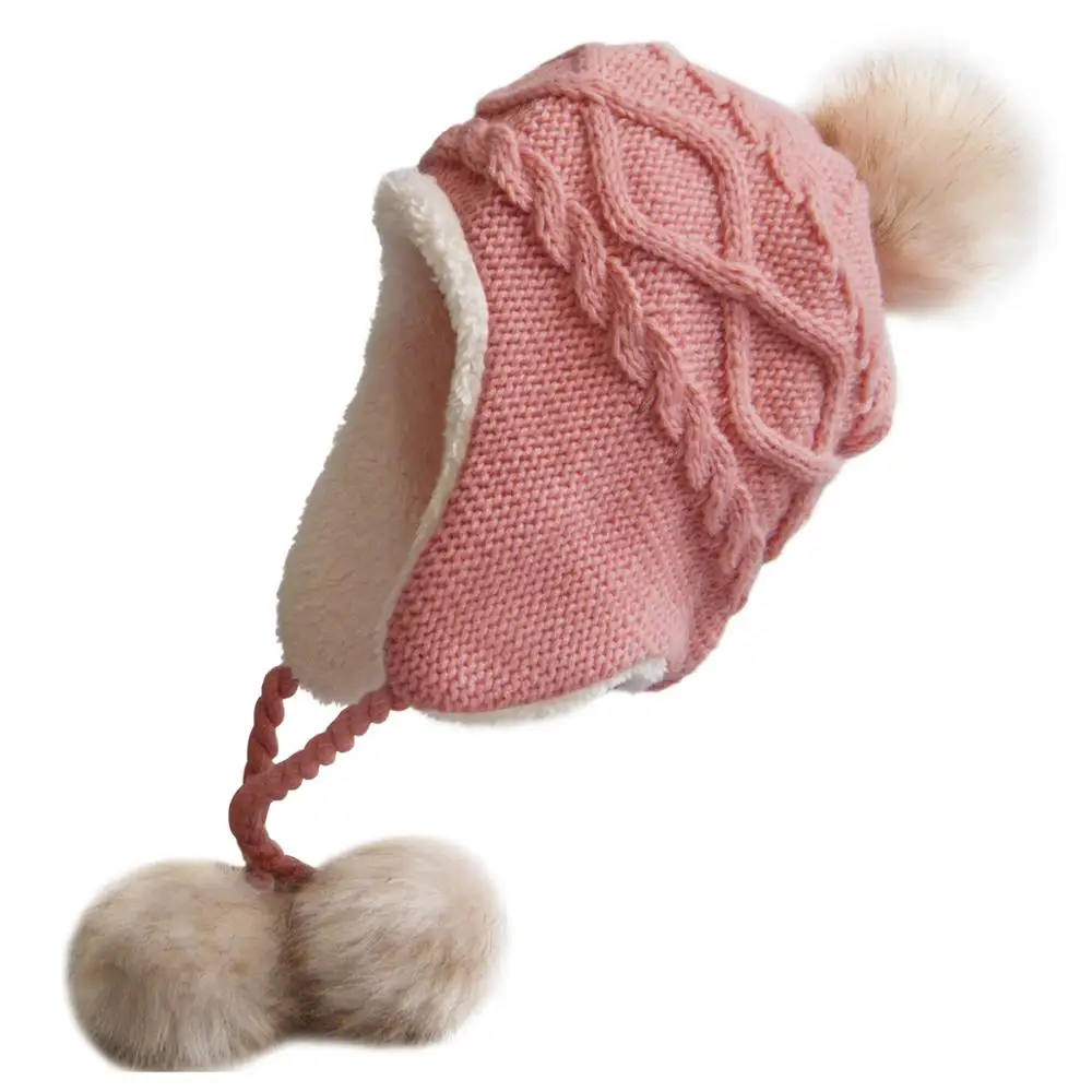 Pink Brand Winter knitted Beanies Hats Women Thick Warm Beanie PomPoms Hat Female knit Bonnet Beanie Caps Parent-child Accessories - Цвет: Pink