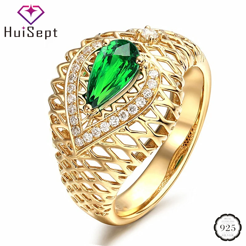 

HuiSept Trendy Silver 925 Jewelry Ring Water Drop Shaped Emerald Zircon Gemstones Gold Rings for Female Wedding Party Wholesale