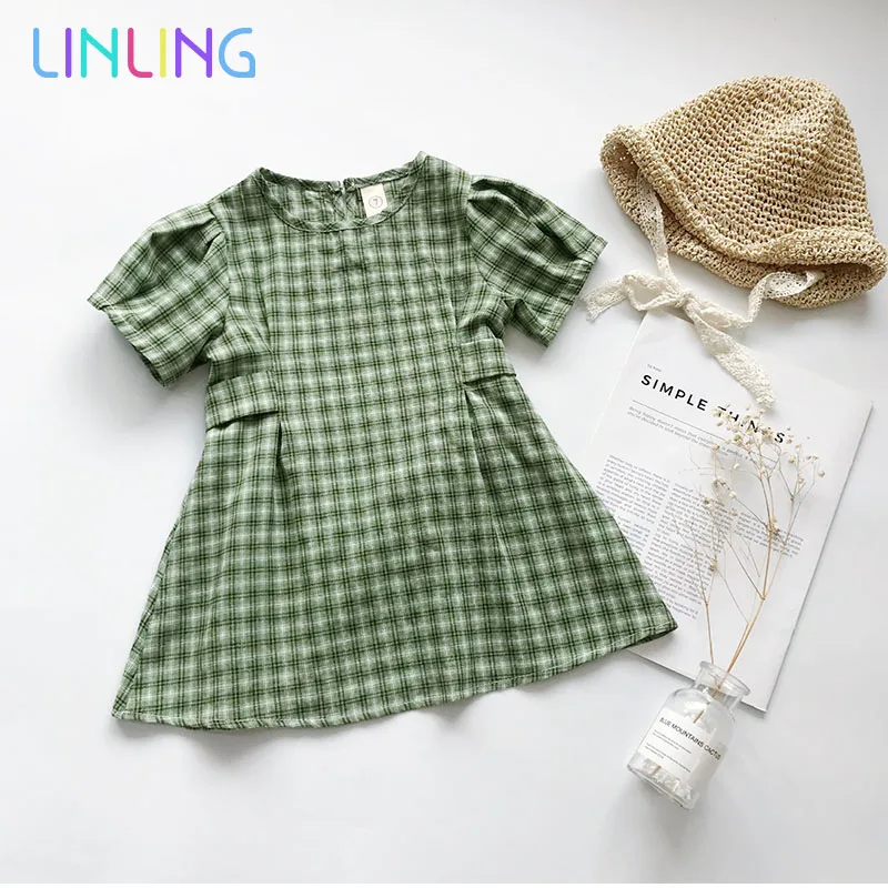 Girls' Little Fresh Green Plaid Cotton Baby Girl Dress Girls Fashion Princess 2020 Summer New Arrival | Детская одежда и обувь