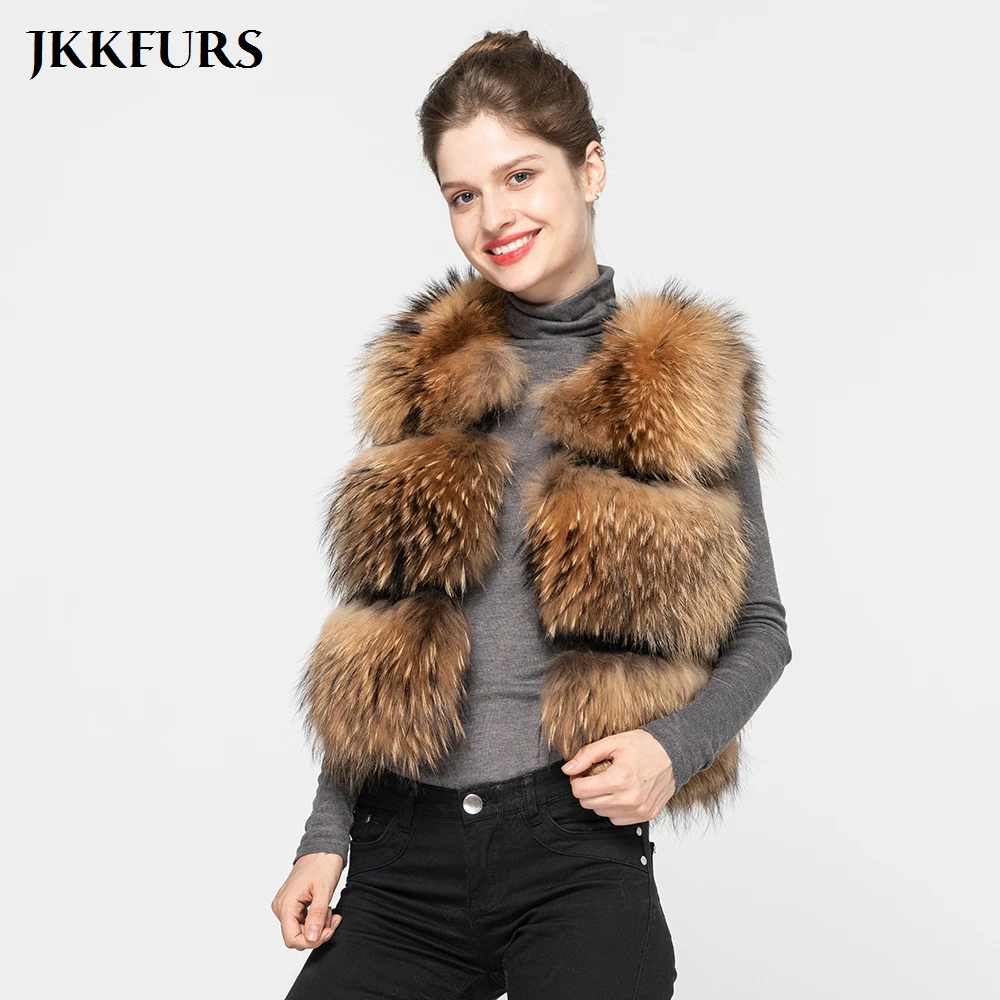 JKKFURS Модный стильный женский жилет из натурального меха енота Зимний толстый теплый модный жилет 3 ряда S1150B