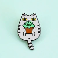 funny cartoon gray tabby cat hard enamel pin fashion kawaii succulents and animal cats badge accessories unique gift