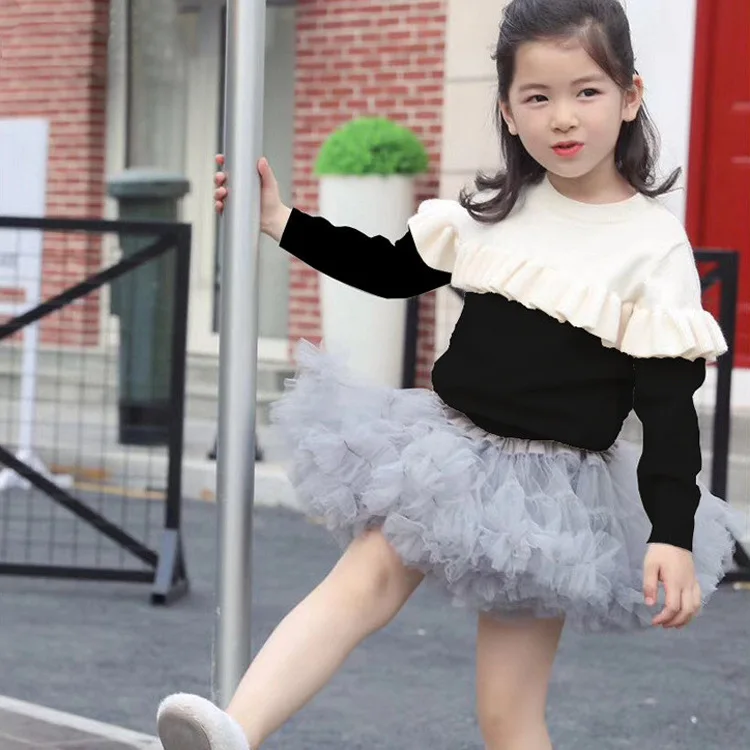 

Осенне-зимний свитер для девочек, вязаный пуловер с оборками в стиле пэчворк, топы, Детский свитер в Корейском стиле DT550