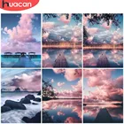 HUACAN полноразмернаякруглая алмазная живопись, речный пейзаж, настенное украшение, Алмазная мозаика, лодка, подарок ручной работы