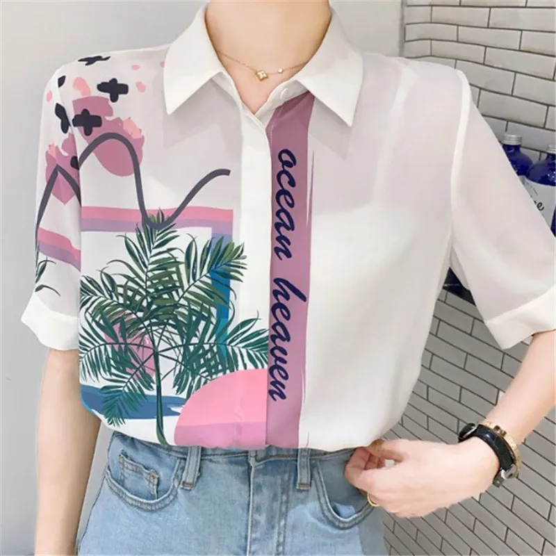 

Летняя Новинка 2020, шифоновая рубашка с коротким рукавом и принтом, женская дизайнерская ниша в стиле ретро, Гонконгская Западная рубашка