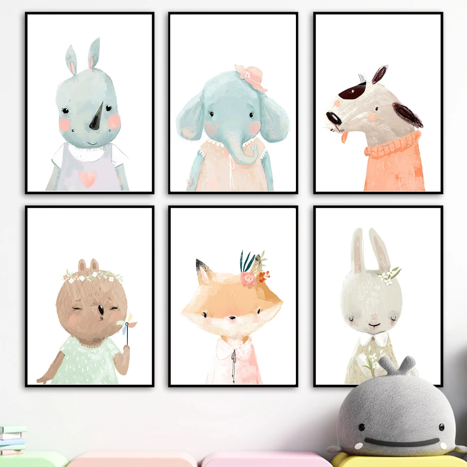 

Watercolor Elephant Rhino Rabbit Fox Wall Art Canvas Painting Nordic Posters And Prints Wall Pictures Kids Baby Cute Room Decor