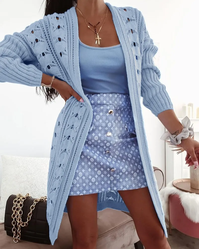 

Женский кардиган, Повседневный свитер с длинным рукавом и вырезами, осенние длинные пальто, однотонные топы, 2021