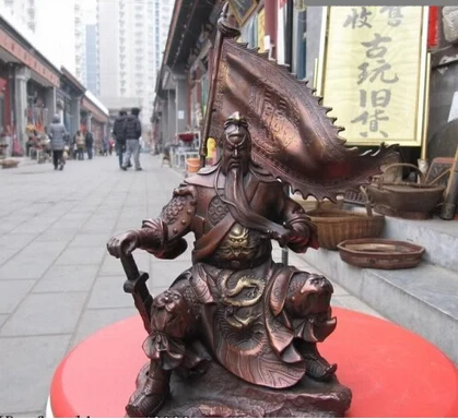 

25CM China Red Bronze craftwork famous Sit banner Guan Gong Hold Sword warrior statue