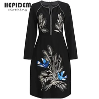 hepidem clothing autumn black short dress women flower turn down collar embroidery high waist casual party mini dress 62020