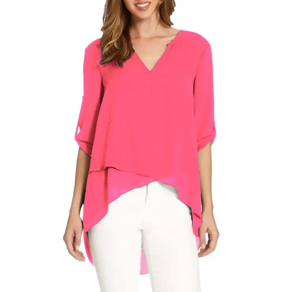 

Plus Size Women Blouse Solid Color Women V Neck 3/4 Sleeve Irregular Cross Hem Blouse Top Women's Clothing 2021