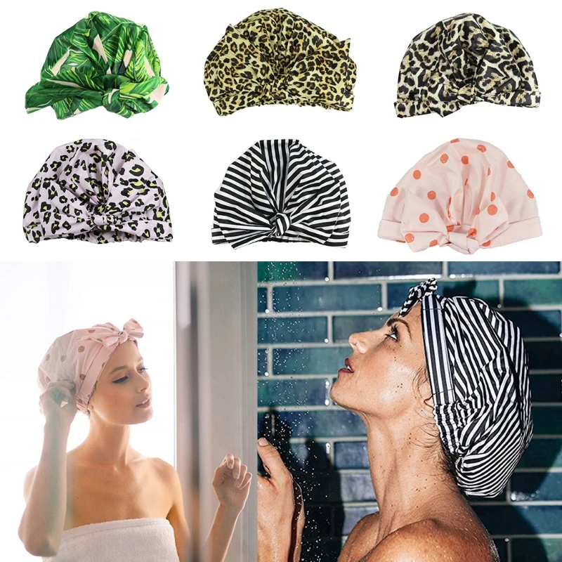 

Women Waterproof Silky Shower Cap Forehead Bowknot Strap Leaves Leopard Print Hair Protection Reusabe Beanie Bath Hat