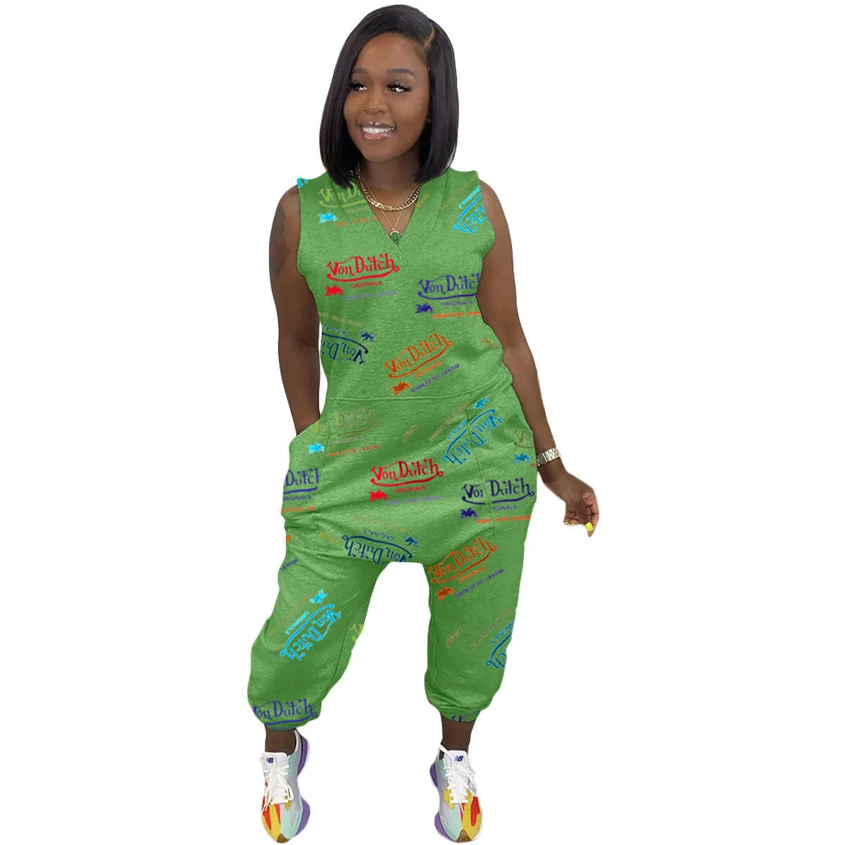 

Fashion One Piece Women's Clothing Sexy V Neck Sleeveless Personalized Pocket Letter Printing Summer Casual Trousers Jumpsuit