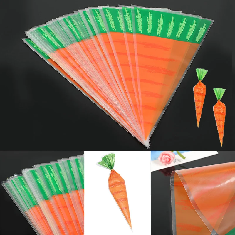 

20PCS New Easter Carrot Candy Bag Easter Bunny Rabbit Gift Bag Candy Cones Transprant Plastic Bag Kids Birthday Party Decoration