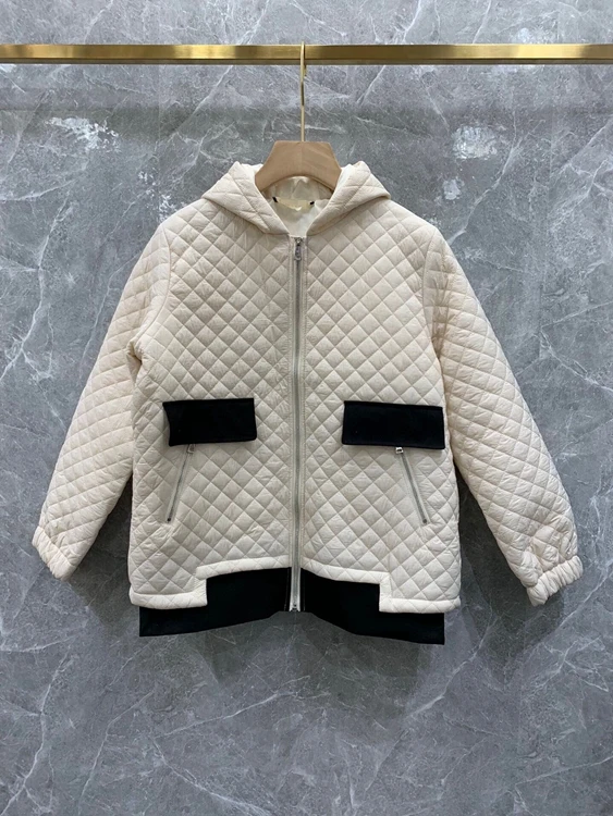 

2021 new women fashion neckline hooded rhombus decoration long-sleeved zipper cotton jacket 1010