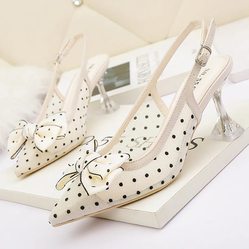 

2021 Summer New Women's Sandals Closed Toe Green Single Shoes Transparent Heel Fashion Hollow Pointed Toe Women Bowknot Shoes