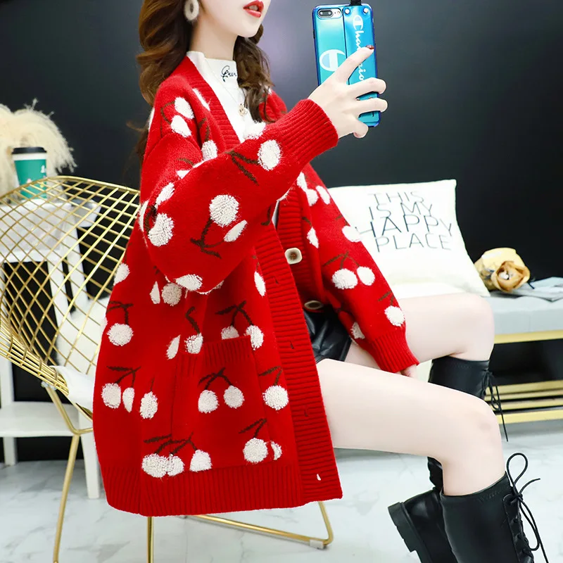 

2020 net red sweater knitted cardigan women autumn and winter thick loose roving cherry embroidery knitted cardigan thick coat