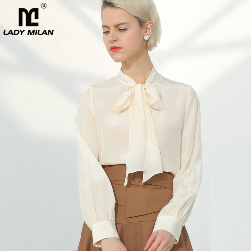 

100% Natural Heavy Silk Women's Shirt Lace Up Bow Collar Long Sleeves Elegant Fashion Autumn Blouse Camisa Tops