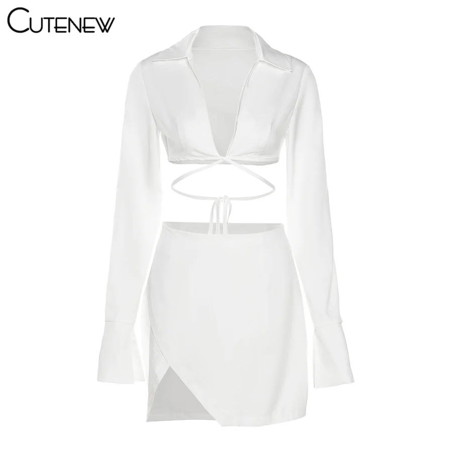 

Cutenew Elegant Two Piece Sets Women Outfits Sexy V-Neck Long Sleeve Cross Bandage Top+Side Split Zip Skirts Matching Casualwear